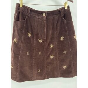 WilliSmith Brown Corduroy Embroidered Starburst Mini Skirt Womens 12 Boho